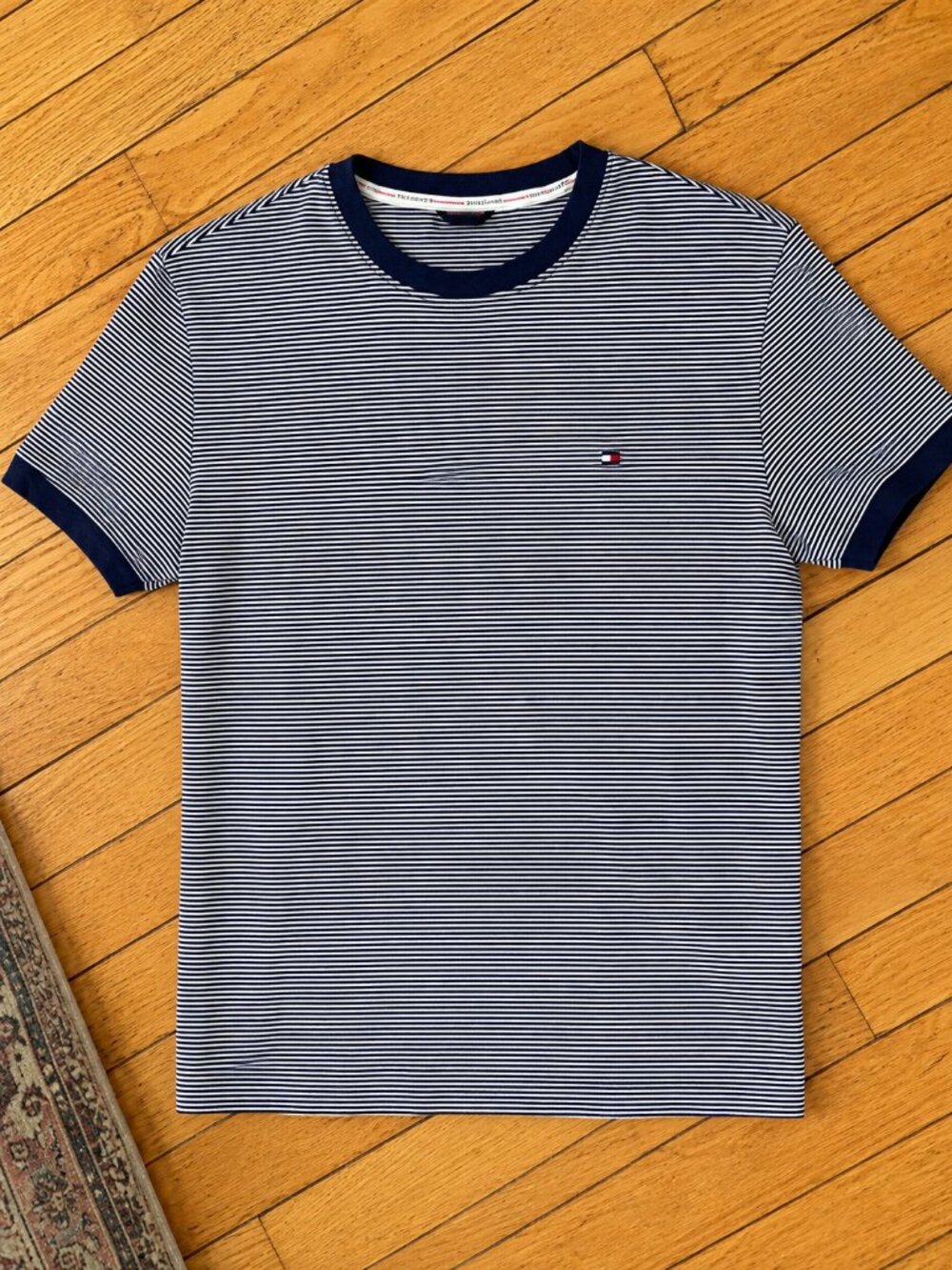 Tommy Hilfiger Men's Large Navy White Striped Ringer T-Shirt Embroidered Flag Lo